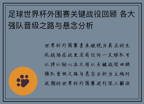 足球世界杯外围赛关键战役回顾 各大强队晋级之路与悬念分析 足球世界杯外围赛关键战役回顾 各大强队晋级之路与悬念分析