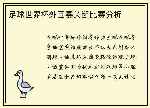 足球世界杯外围赛关键比赛分析